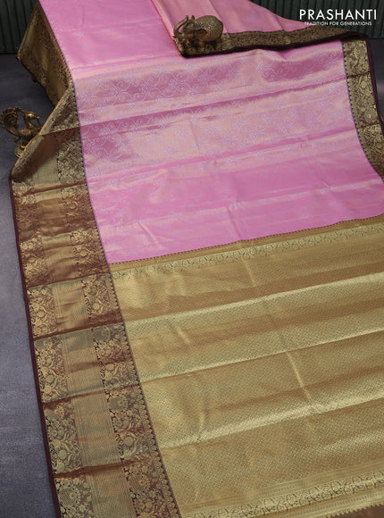 Bangalori tissue silk saree light pink and deep maroon with allover silver zari woven brocade pattern and long zari woven border