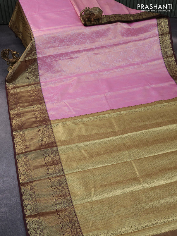 Bangalori tissue silk saree light pink and deep maroon with allover silver zari woven brocade pattern and long zari woven border