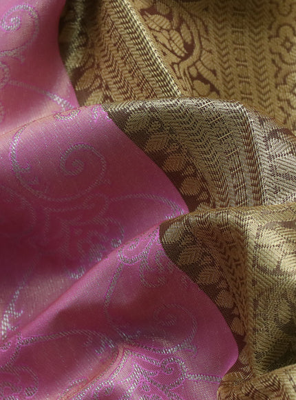 Bangalori tissue silk saree light pink and deep maroon with allover silver zari woven brocade pattern and long zari woven border