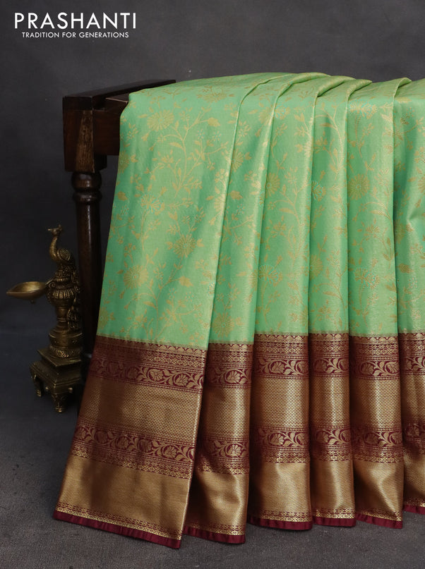 Bangalori tissue silk saree pastel green and maroon with allover zari woven brocade pattern and long zari woven border