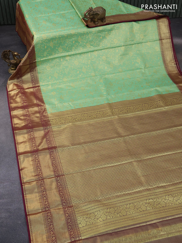 Bangalori tissue silk saree pastel green and maroon with allover zari woven brocade pattern and long zari woven border