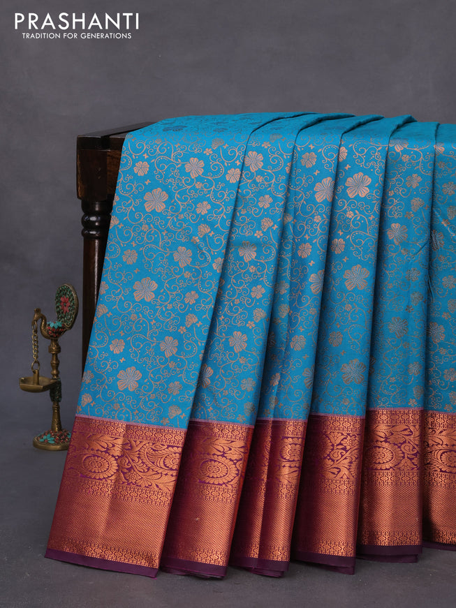 Bangalori silk saree cs blue and purple with allover copper zari woven brocade pattern and copper zari woven border