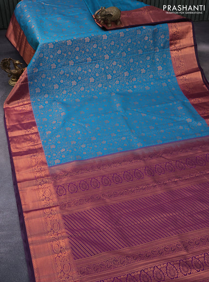 Bangalori silk saree cs blue and purple with allover copper zari woven brocade pattern and copper zari woven border