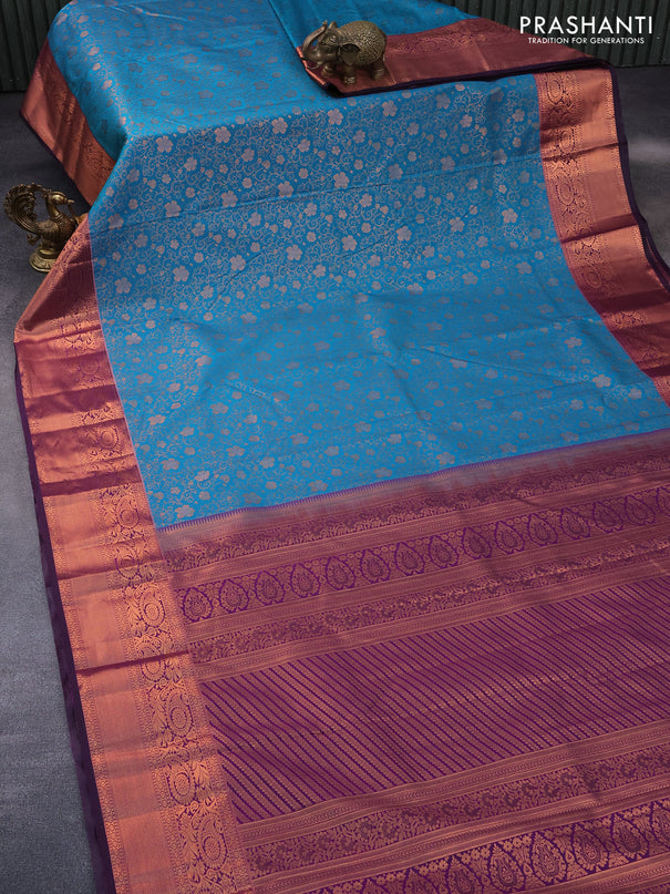 Bangalori silk saree cs blue and purple with allover copper zari woven brocade pattern and copper zari woven border