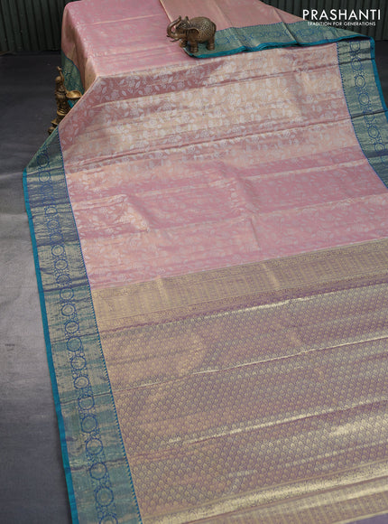 Bangalori tissue silk saree pastel pink and teal green with allover silver zari woven brocade pattern and zari woven border