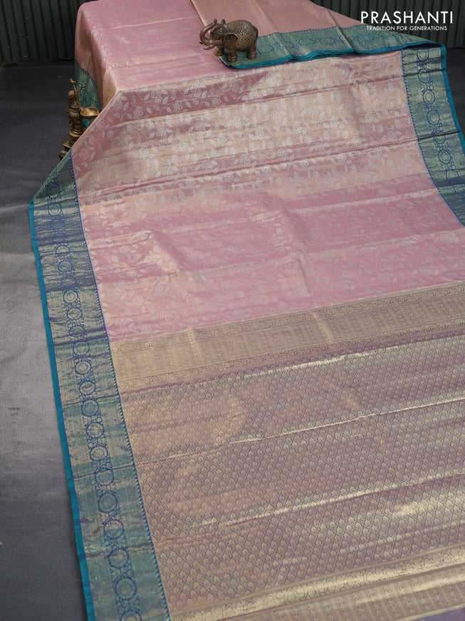 Bangalori tissue silk saree pastel pink and teal green with allover silver zari woven brocade pattern and zari woven border