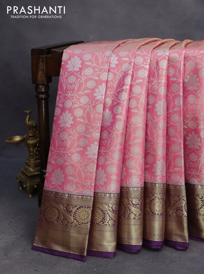 Bangalori tissue silk saree light pink and violet with allover silver zari woven brocade pattern and zari woven border