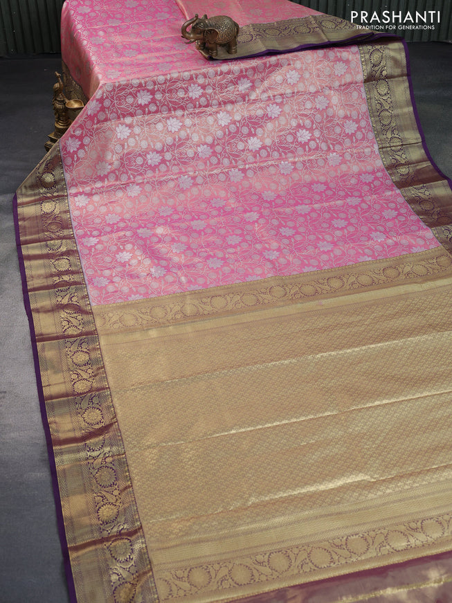 Bangalori tissue silk saree light pink and violet with allover silver zari woven brocade pattern and zari woven border