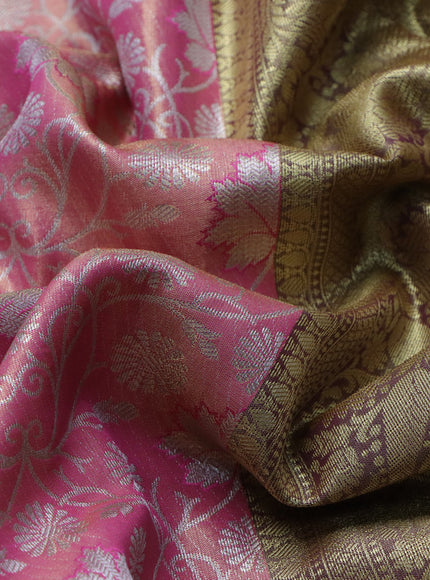 Bangalori tissue silk saree light pink and violet with allover silver zari woven brocade pattern and zari woven border