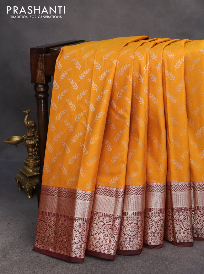 Bangalori silk saree mango yellow and maroon with allover zari weaves and zari woven border