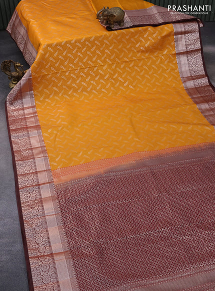 Bangalori silk saree mango yellow and maroon with allover zari weaves and zari woven border