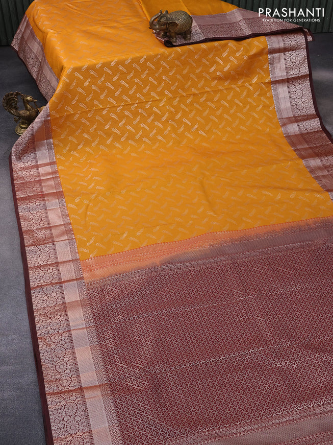 Bangalori silk saree mango yellow and maroon with allover zari weaves and zari woven border