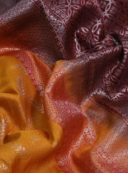 Bangalori silk saree mango yellow and maroon with allover zari weaves and zari woven border