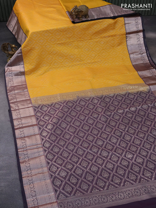 Bangalori silk saree yellow and jamun shade with allover zari woven brocade pattern and zari woven border