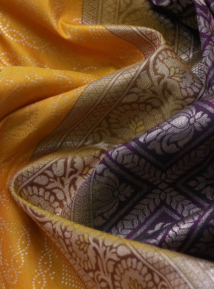 Bangalori silk saree yellow and jamun shade with allover zari woven brocade pattern and zari woven border