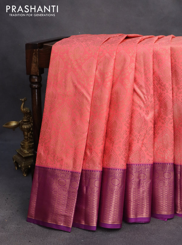 Bangalori silk saree peach shade and purple with allover copper zari woven brocade weaves and zari woven border