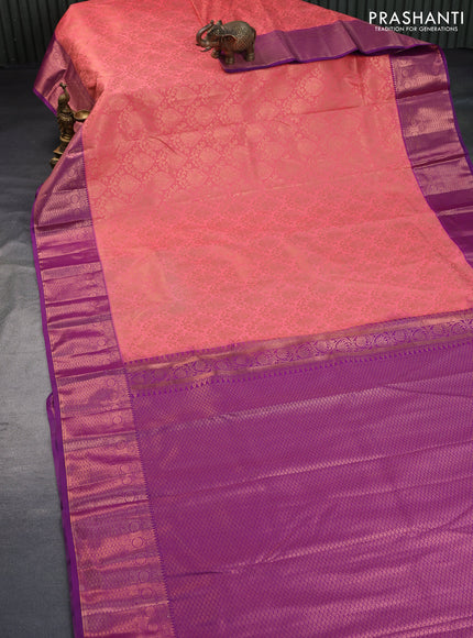 Bangalori silk saree peach shade and purple with allover copper zari woven brocade weaves and zari woven border