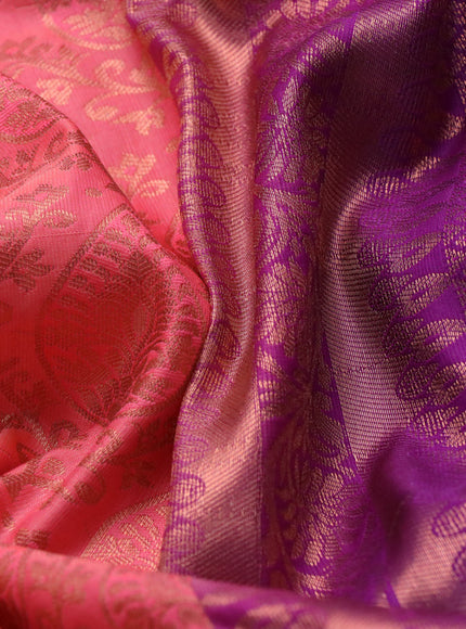 Bangalori silk saree peach shade and purple with allover copper zari woven brocade weaves and zari woven border