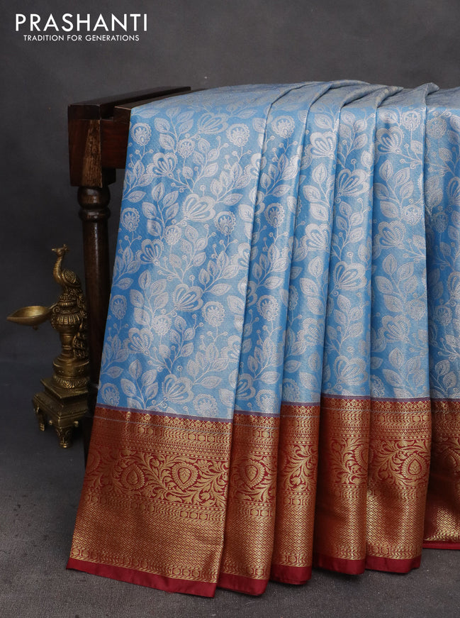 Bangalori tissue silk saree light blue and maroon with allover silver zari woven brocade pattern and zari woven border