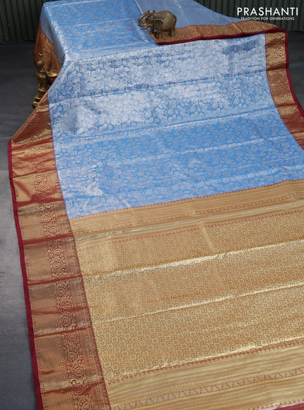 Bangalori tissue silk saree light blue and maroon with allover silver zari woven brocade pattern and zari woven border