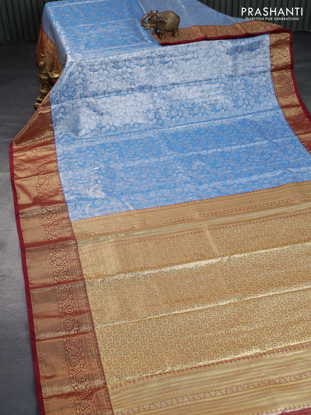 Bangalori tissue silk saree light blue and maroon with allover silver zari woven brocade pattern and zari woven border