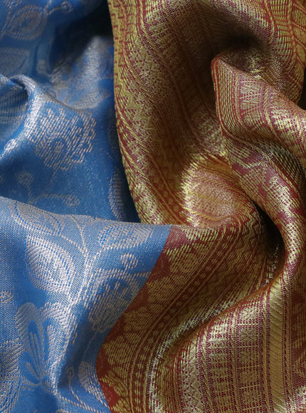 Bangalori tissue silk saree light blue and maroon with allover silver zari woven brocade pattern and zari woven border