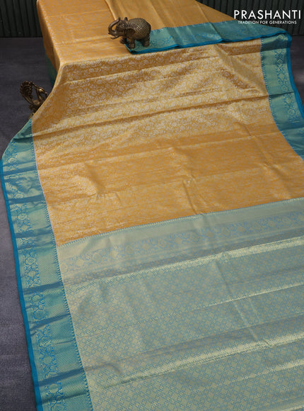 Bangalori tissue silk saree yellow and teal blue with allover silver zari woven brocade pattern and zari woven border