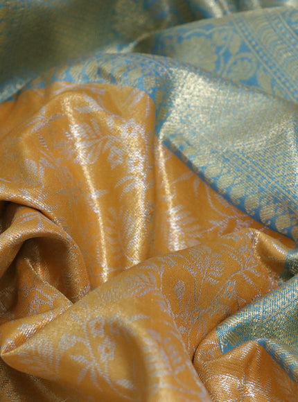 Bangalori tissue silk saree yellow and teal blue with allover silver zari woven brocade pattern and zari woven border