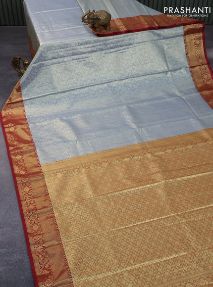 Bangalori tissue silk saree pastel grey and maroon with allover silver zari woven brocade pattern and zari woven border