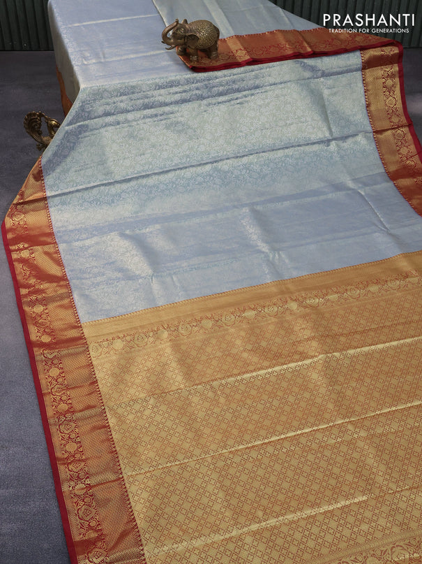 Bangalori tissue silk saree pastel grey and maroon with allover silver zari woven brocade pattern and zari woven border