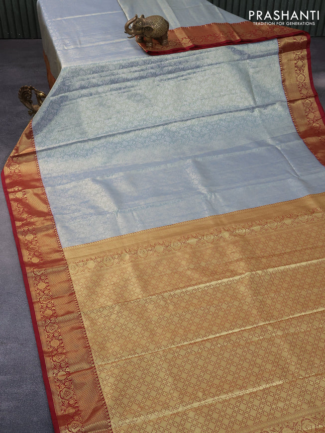 Bangalori tissue silk saree pastel grey and maroon with allover silver zari woven brocade pattern and zari woven border