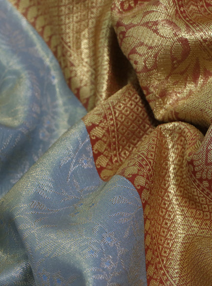 Bangalori tissue silk saree pastel grey and maroon with allover silver zari woven brocade pattern and zari woven border