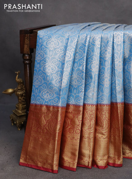 Bangalori tissue silk saree light blue and maroon with allover silver zari woven brocade pattern and long zari woven border