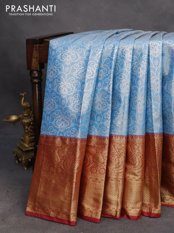 Bangalori tissue silk saree light blue and maroon with allover silver zari woven brocade pattern and long zari woven border