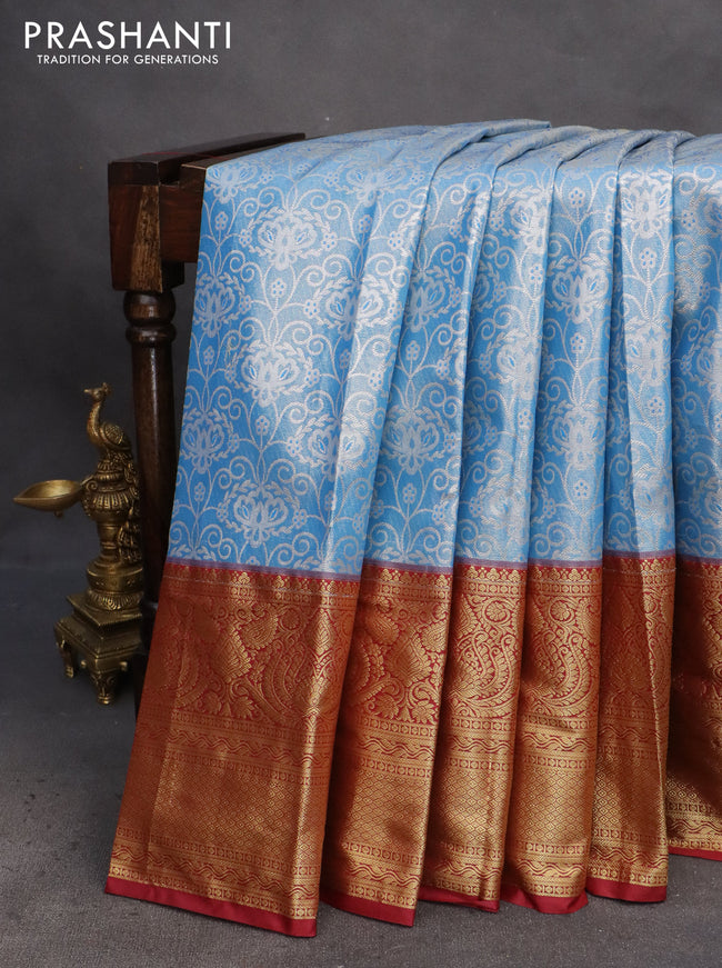 Bangalori tissue silk saree light blue and maroon with allover silver zari woven brocade pattern and long zari woven border