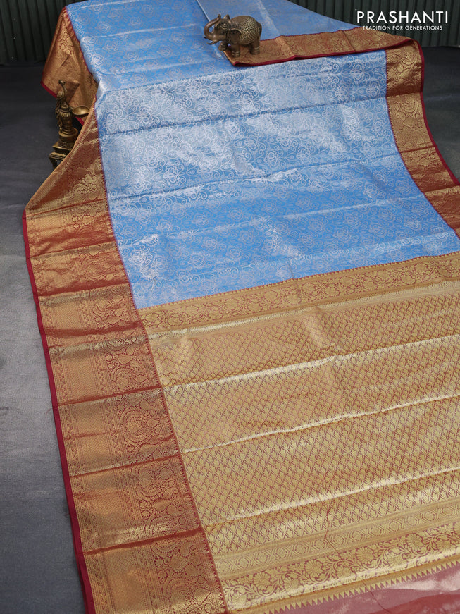 Bangalori tissue silk saree light blue and maroon with allover silver zari woven brocade pattern and long zari woven border