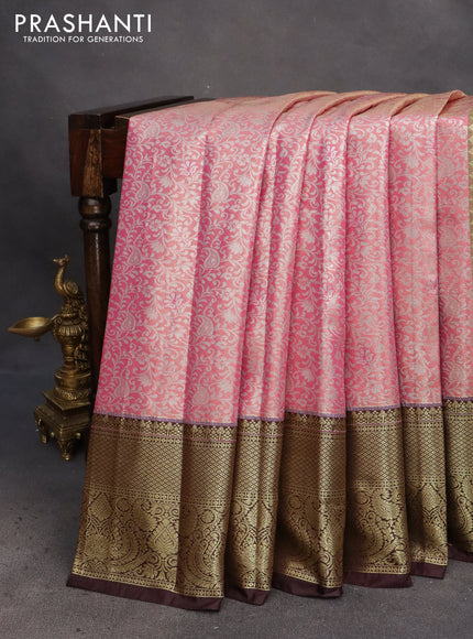 Bangalori tissue silk saree dual shade of pink and deep coffee brown with allover silver zari woven brocade pattern and long zari woven border