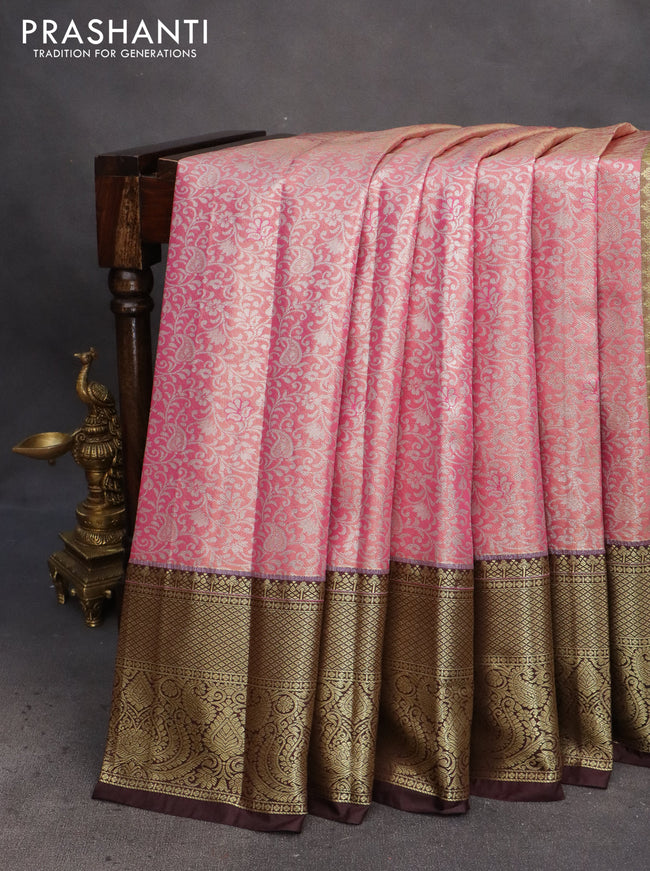 Bangalori tissue silk saree dual shade of pink and deep coffee brown with allover silver zari woven brocade pattern and long zari woven border