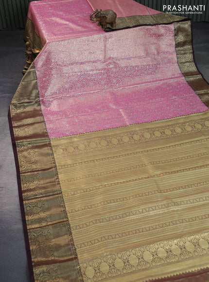 Bangalori tissue silk saree dual shade of pink and deep coffee brown with allover silver zari woven brocade pattern and long zari woven border