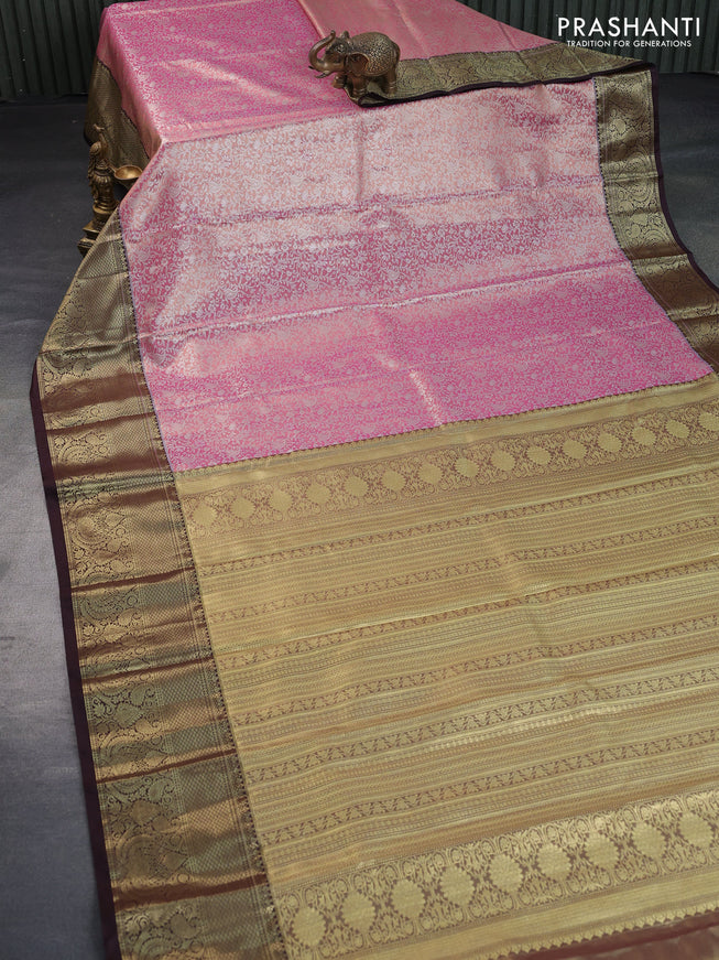 Bangalori tissue silk saree dual shade of pink and deep coffee brown with allover silver zari woven brocade pattern and long zari woven border