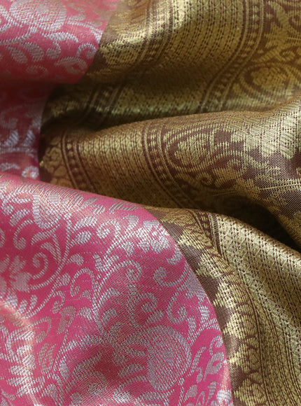 Bangalori tissue silk saree dual shade of pink and deep coffee brown with allover silver zari woven brocade pattern and long zari woven border