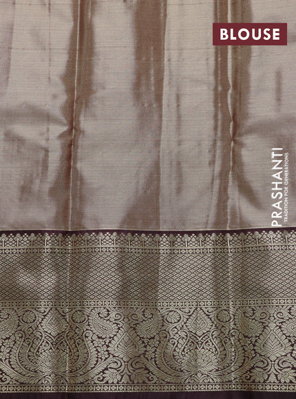 Bangalori tissue silk saree dual shade of pink and deep coffee brown with allover silver zari woven brocade pattern and long zari woven border