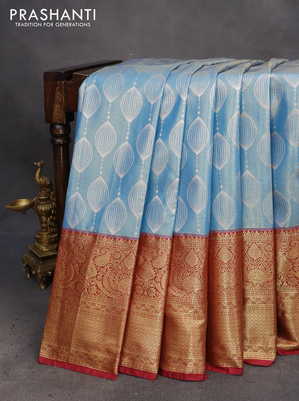 Bangalori tissue silk saree light blue and maroon with allover silver zari weaves and long zari woven border