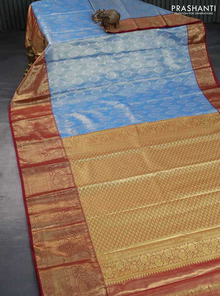 Bangalori tissue silk saree light blue and maroon with allover silver zari weaves and long zari woven border