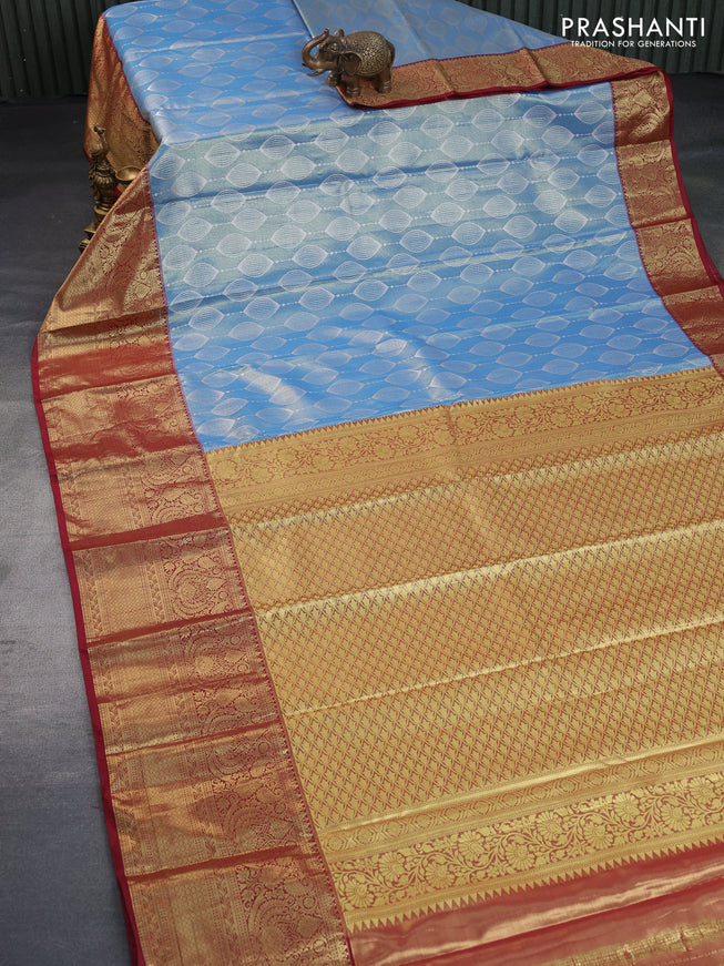 Bangalori tissue silk saree light blue and maroon with allover silver zari weaves and long zari woven border