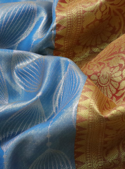 Bangalori tissue silk saree light blue and maroon with allover silver zari weaves and long zari woven border