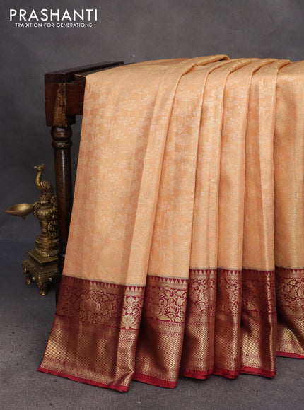 Bangalori tissue silk saree peach shade and maroon with allover zari woven brocade pattern and zari woven border