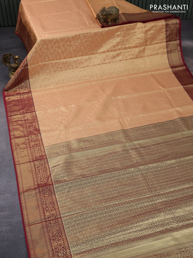 Bangalori tissue silk saree peach shade and maroon with allover zari woven brocade pattern and zari woven border