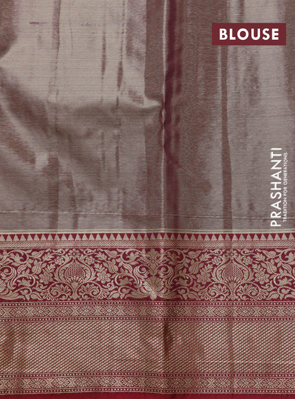 Bangalori tissue silk saree peach shade and maroon with allover zari woven brocade pattern and zari woven border