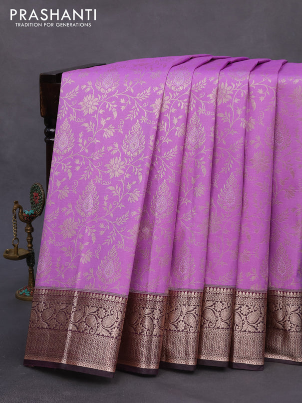 Bangalori silk saree lavender shade and deep jamun shade with allover silver zari weaves and silver zari woven border